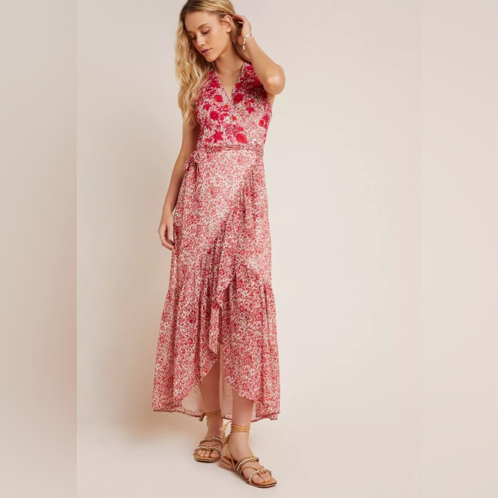 Anthropologie Ranna Gill Alexandra Floral Appliqué Beaded Wrap Maxi Dress in M